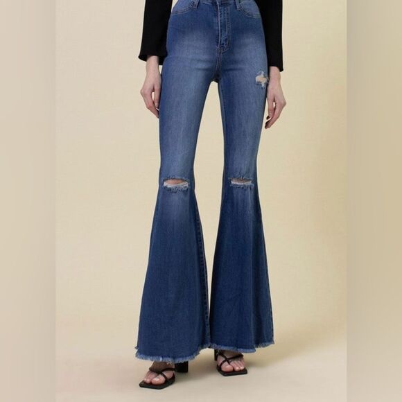 Vibrant MIU Dark Blue Denim Extreme Flare High Rise Jeans 29 USA Made Boho Y2K - Picture 2 of 9